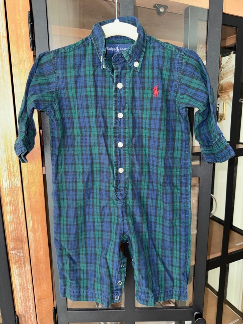 Ralph Lauren plaid coverall baby boy logo green navy long sleeve polo logo